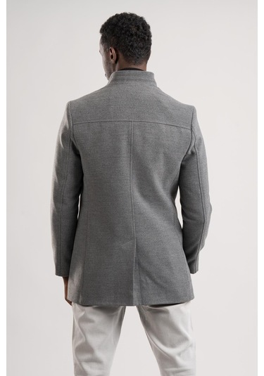 Slimfit Hakim Yaka Düğme Kapamalı Yan Cepli Astarlı Tek Yırtmaçlı Yünlü Kaşe Kaban Gri