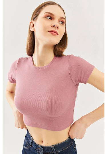 Kadın Kısa Kol Bisiklet Yaka Vücuda Oturan %100 Pamuklu Kaşkorse Esnek Crop Bluz Gül Kurusu