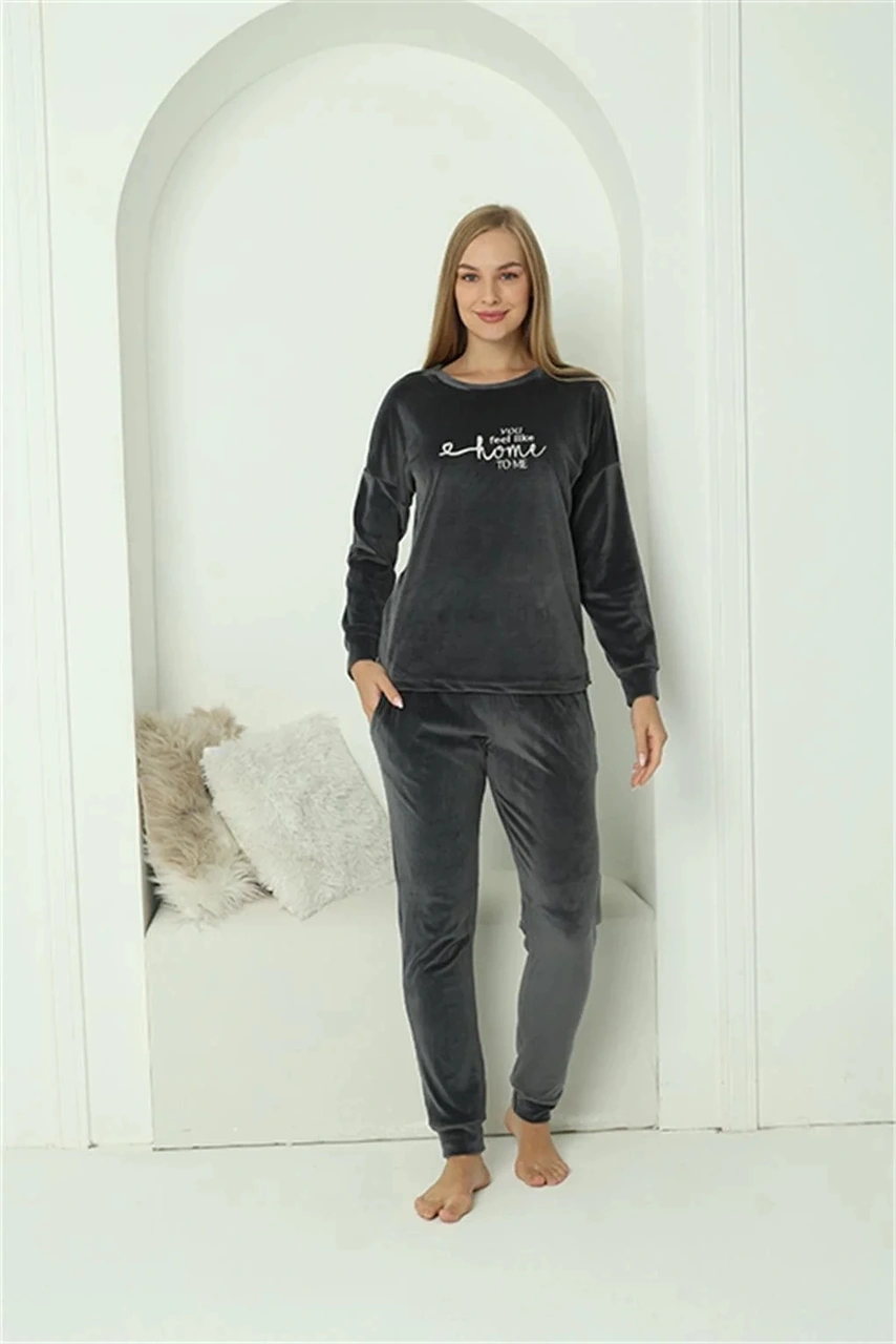 Moda Kadın Kadife Füme Pijama Takım Füme
