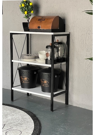 Stally Mutfak Rafı 3 Lü Erzak Malzeme Dolabı Siyah-Beyaz