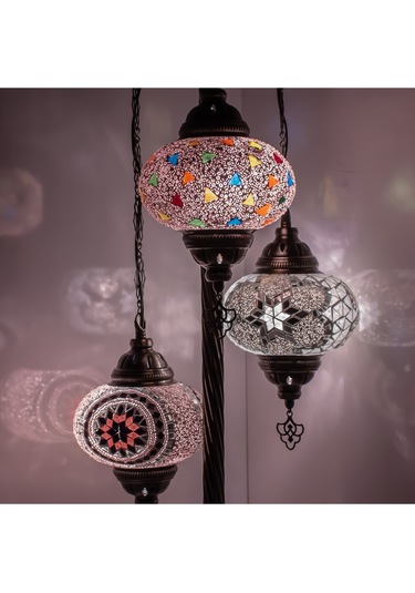 Mozaik 3'lü Lambader Büyük Boy Cam Küreli Mozaik El İşlemesi Otantik Lambader
