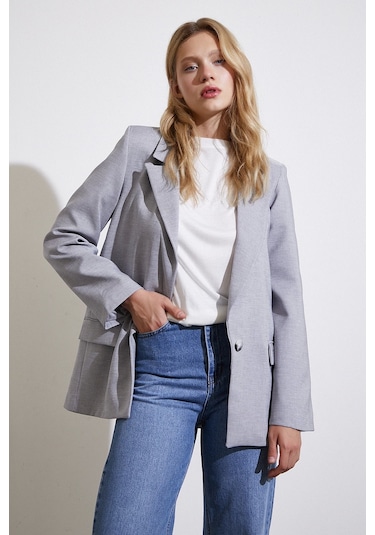 Never More Tek Düğmeli Blazer Ceket Gri Gri