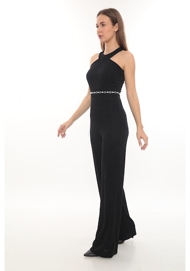 Hanife Glam Couture Hanife Glam Simli Kemerli Halter Yaka Tulum Siyah