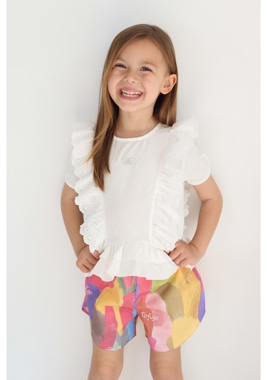 Fistolu Kelebek Motif Şortlu Pamuk Dokuma Kız Çocuk Takım Tf7352 001