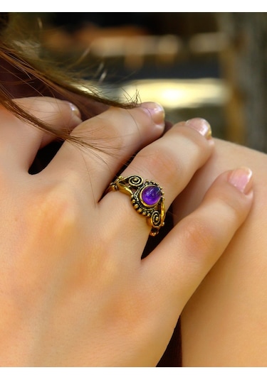 Doğal Taş Ametist Doğal Taşlı Antik İşlemeli Ayarlanabilir Kadın Yüzük Euy36at Mor