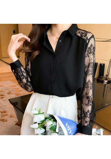 Moda Hollow Polo Yaka Üst Hırka Bluz Sonbahar Yaka Dantel Dikiş Şifon Gömlek Kadın Zarif Taban Bluzlar Kadın 16623 Pembe
