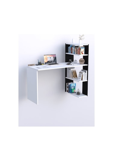 Moonlife Çınar Kitaplıklı Çalışma Masası Beyaz Siyah Beyaz