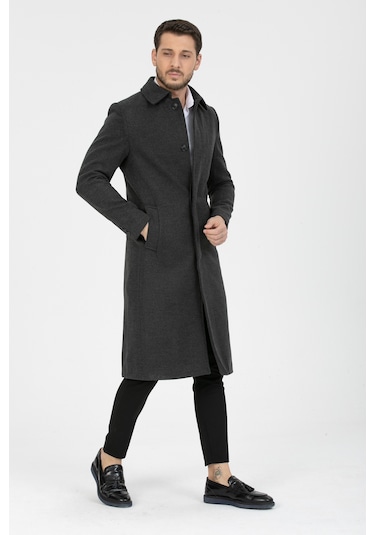 Erkek Antrasit Dar Kesim Uzun Kaşe Gömlek Yaka Palto & Kaban Antrasit