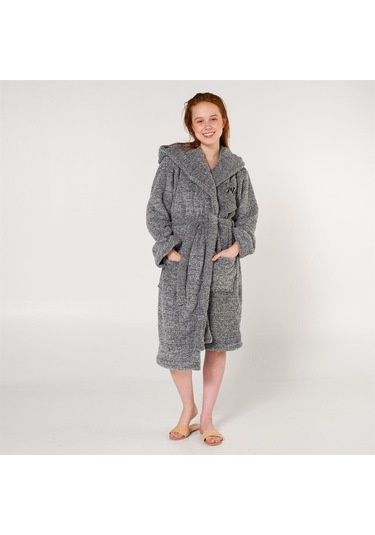 Uzun Welsoft Kapüşonlu Kadın Sabahlık Gri