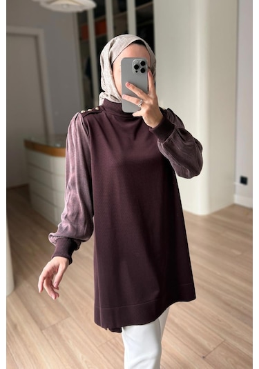 Kahijab Omzu Düğmeli Yarım Balıkçı Merserize Tunik - Kahverengi