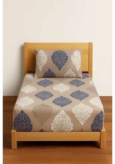 Tek Kişilik Desenli Lastikli Çarşaf Seti 100x200 Cm + 1 Yastık Kılıfı 50x70 Bej