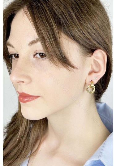 Birbirine Geçmeli Halka Model Paslanmaz Çelik Küpe 633, Altın Renk Altın