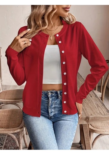Kadın Uzun Kollu Önden Düğmeli Triko Ceket Kırmızı