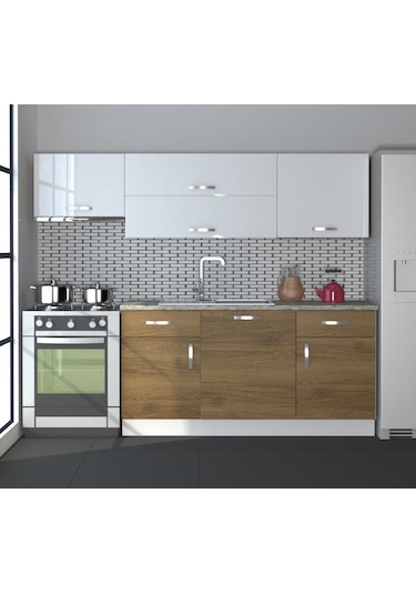Decoraktiv Prestij 220 Mdf Hazır Mutfak Dolabı - Tezgah Dahil - Pera Beyaz Beyaz - Meşe