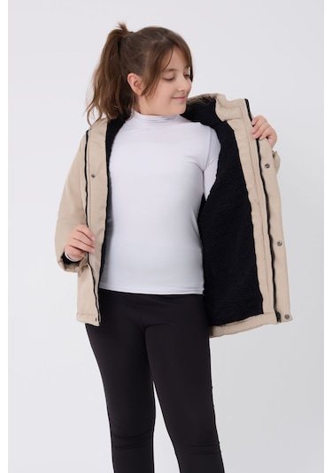 Kız Çocuk Taş İçi Kürklü Su Ve Rüzgar Geçirmez Kapüşonlu 3 Cep Kışlık Mont & Kaban & Parka Taş