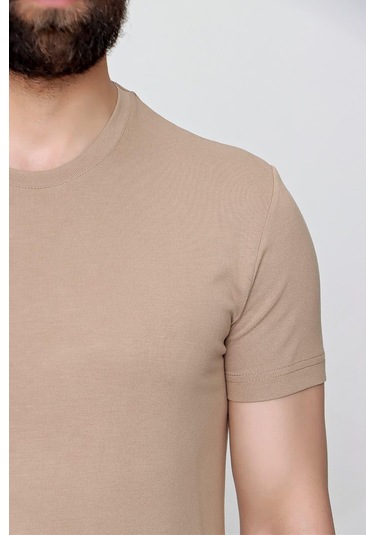 Slim Fit Bisiklet Yaka Düz Pamuklu Bej Tişört Ts 823 Bej