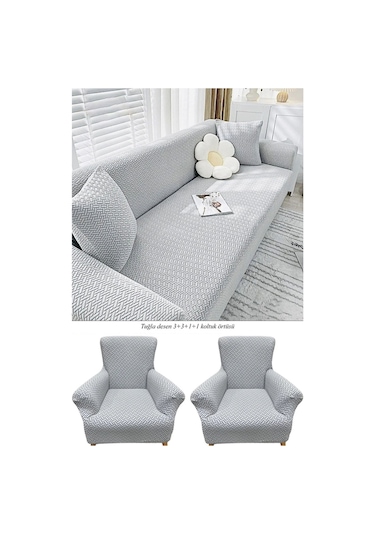 StarMall Tuğla Desen Koltuk Örtüsü Çekyat Kılıfı 3311 Takım Açık Gri