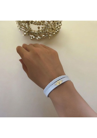 Archin P Harfine Özel Taç Motifli 14 Ayar Altın Plakalı Hakiki Beyaz Derili Hediye Bileklik-645harf P