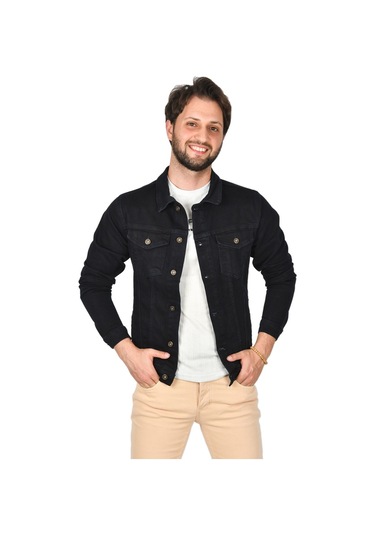 Deepsea Erkek Lacivert Slim Fit Likralı Kot Ceket Jean Ceket 2201007 False Lacivert