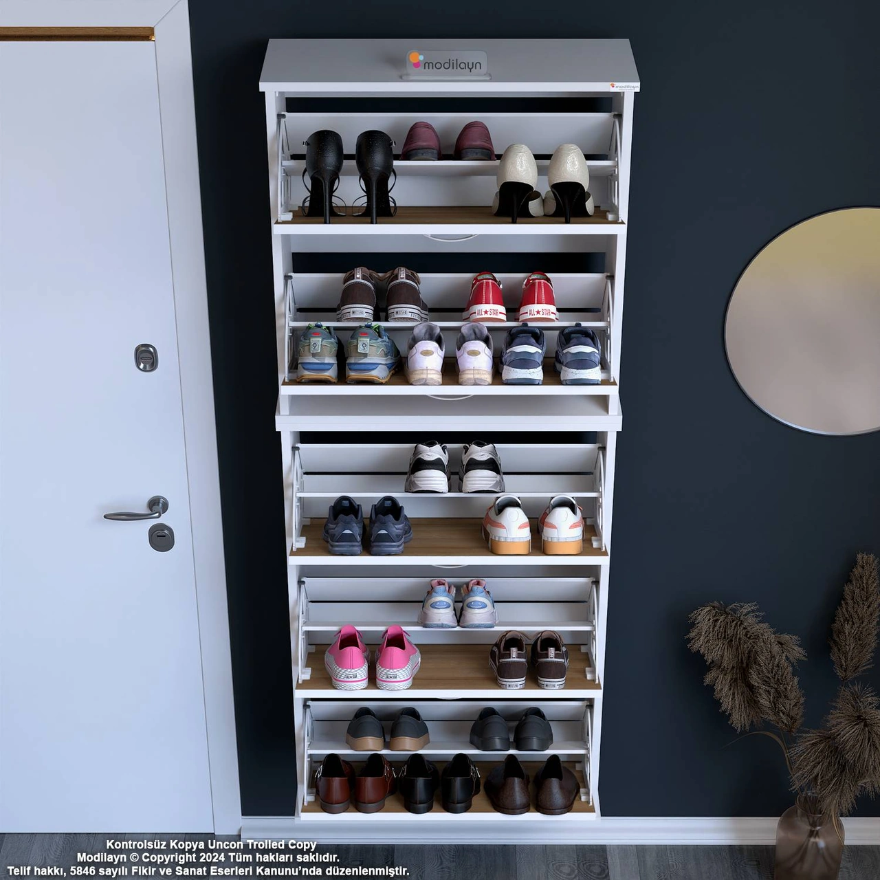 Asil 2 Li Meşe Renk Asma Ayakkabılık Antre 5 Düşer Kapak 10 Gözayakkabılık 52x181x25,5 Cm Meşe