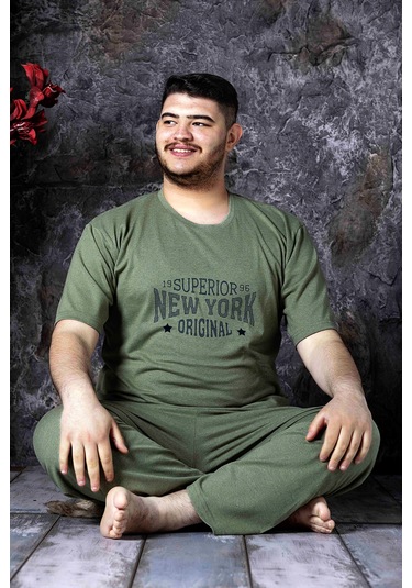Nisanca Yazlık Büyük Beden Erkek Pamuk Pijama Takımı- Kısa Kollu Erkek Pijaması Yesil