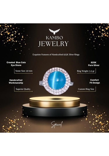 Kedi Gözlü Gümüş Yüzük - Kadınlar İçin Sterlin Gümüş Yüzük Mavi Kedi Gözlü Gümüş