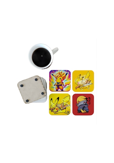 Pikachu Dekoratif Ahşap Bardak Altlığı Seti 077 Çok Renkli