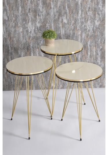 Zigon Sehpa Ve Orta Sehpa Elips Set Çift Gold Krem Tel Ayak