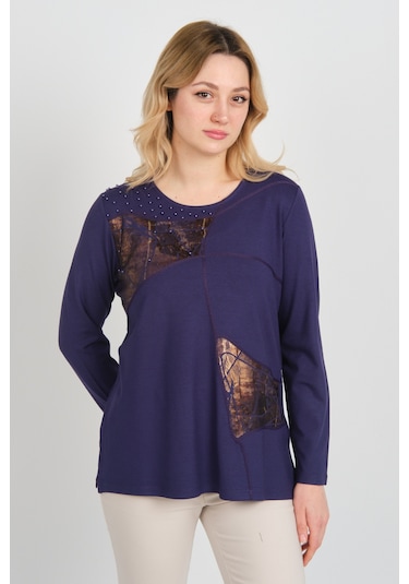 Detay Triko Kadın Boncuk İşlemeli Parlak Desenli Uzun Kol Anne Bluz 5744 Mor Mor