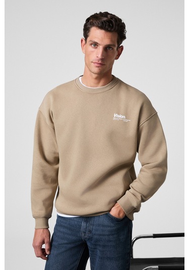 Ernest Erkek Organik Pamuklu Yumuşacık Baskı Detaylı Bisiklet Yaka İçi Polarlı Bej Sweatshirt