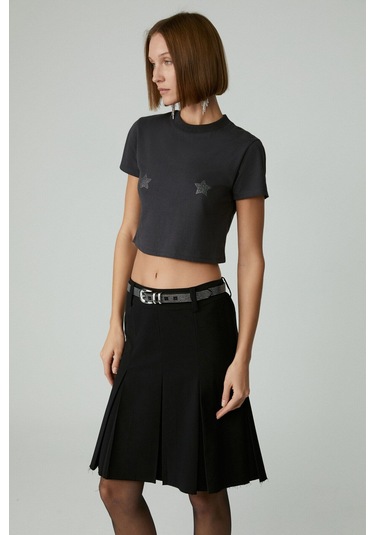 GRIMELANGE Lavıva Kadın Kısa Fermuar Detaylı Siyah Etek Siyah