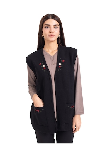 Kadın Orta Yaş ve Üzeri Triko Örgü Düğmesiz Kanaviçe Desen Nakışlı Anne Yelek 310-siyah - L Füme