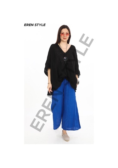 Bohem Kuruvaze Tek Düğmeli Keten Bluz-9884 Siyah