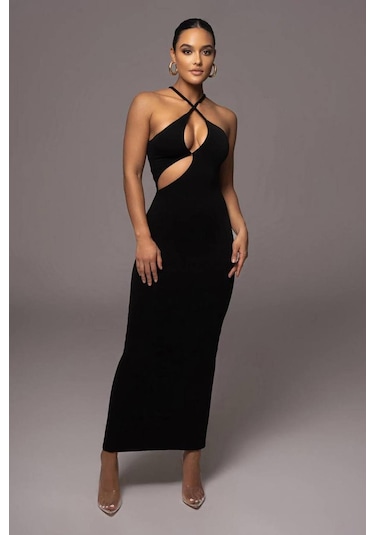 Uzun Göğüs Dekolte Elbise-Siyah