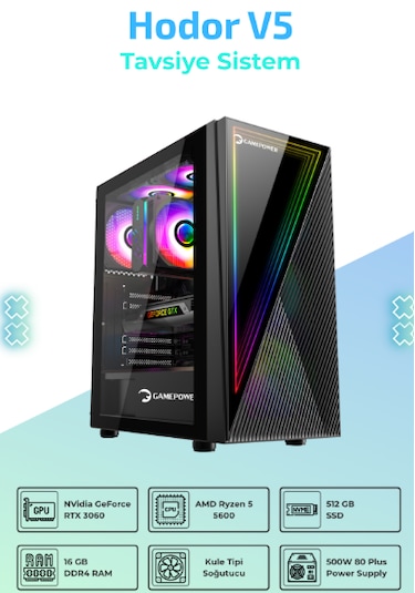 IH Hodor V5 Ryzen 5 5600 16 GB 512 GB SSD 12 GB SSD RTX3060 FreeDos Masaüstü Oyuncu Bilgisayar