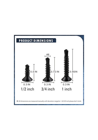Moveevo 410 Paslanmaz Çelik Siyah Cruciform Yuvarlak Baş Otomatik Delici Vida, 1/2", 3/4", 1" Her Bir 50 Adet Toplam 150 Adet