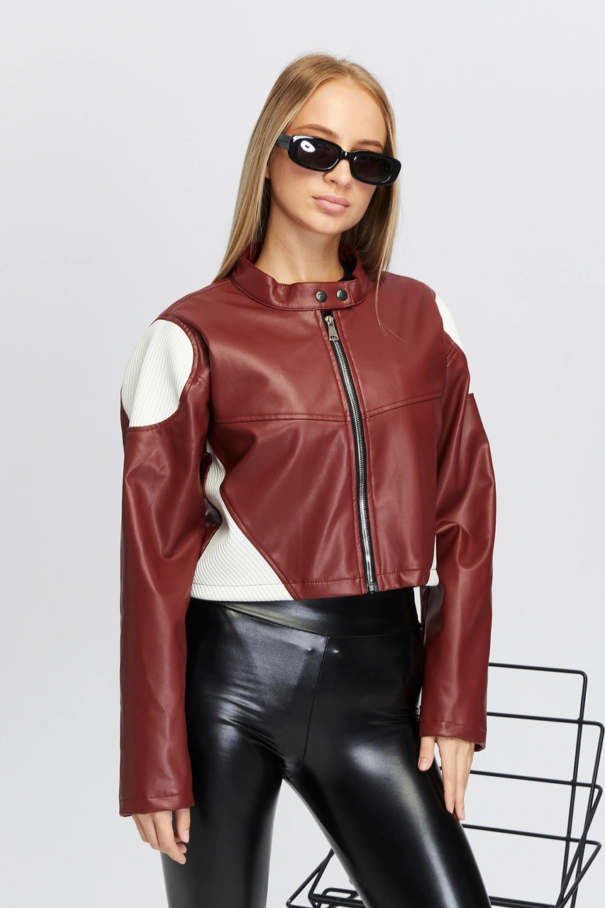 Kadın Oversize Fermuarlı Yaka Çıt Çıtlı Omuz Ve Etek Beyaz Desenli Kolej Yarışçı Ceket Motorcu Mont Kırmızı