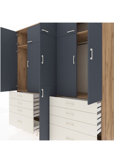 Kronos Dolap 8 Raflı 8 Çekmeceli 3 Askılı 220x59x243 Çam-antrasit/aytaşı Antrasıt/aytası