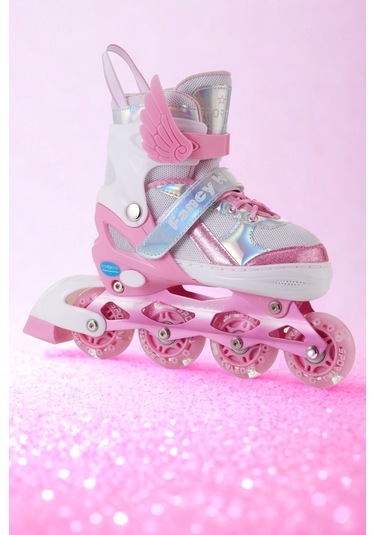 Melek Kanatlı Işıklı Çocuk Pateni Ve Dizlik Seti Silikon Teker Ayarlanabilir Paten Çantalı Pembe Pembe