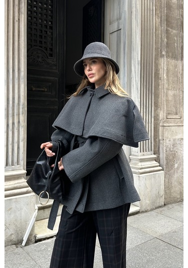 Antrasit Livia Pelerin Detaylı Kaşe Kaban Antrasit