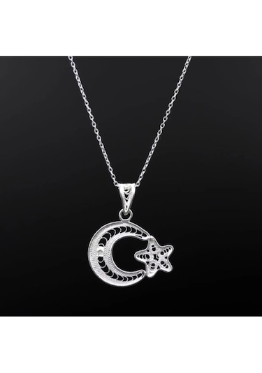Doğan Silver 925 Ayar Gümüş Telkari El Işi Ay Yıldız Model Kolye