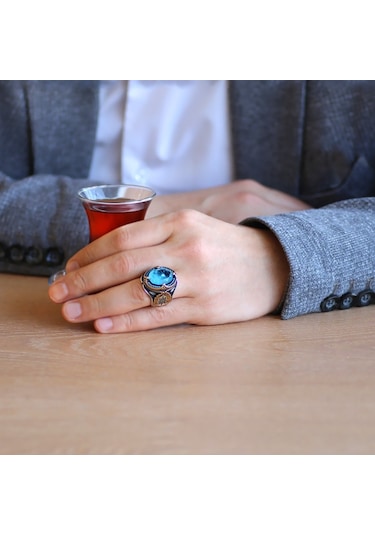 Faset Kesim Aqua Paraiba Taşlı 925 Ayar Gümüş Erkek Yüzük (500124914)