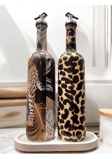 Leopar Desenli Zeytinyağı Sıvıyağ Şişesi Yağdanlık Yağlık, Sirkelik, Sosluk 2'li Set, Ev Dekoru Kahverengi