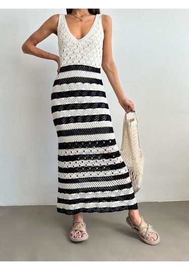 Kadın Askılı Ajurlu Yazlık Triko Elbise Krem - Siyah