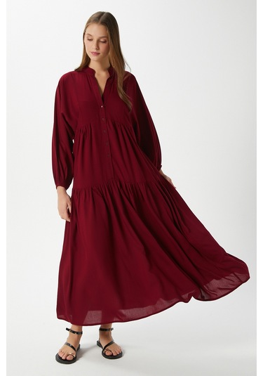 Prive Kadın Base %100 Viskon Bordo Maksi Boy Yazlık Elbise