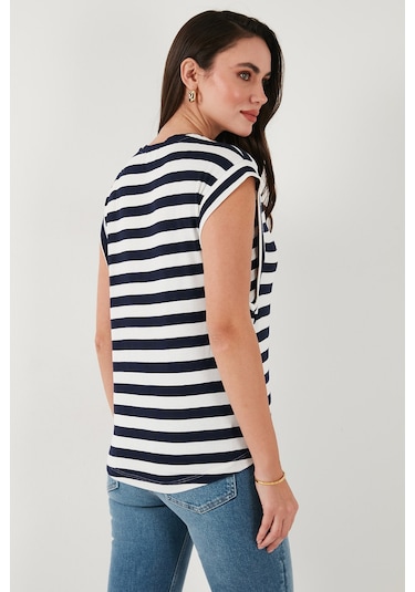 Lela Çizgili Oversize Fit Bisiklet Yaka Bayan T Shirt 5866103 Lacivert