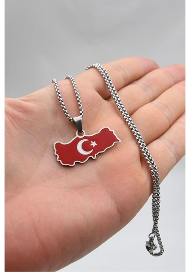 Türk Bayrağı - Ay Yıldızlı Mineli Kolye Paslanmaz Çelik Zincir 902296 Gümüş