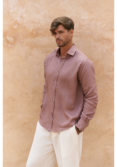 Mai Collection Mai Studios Co. Agnola Oversize Erkek Açık Bordo Keten Gömlek Açık Bordo