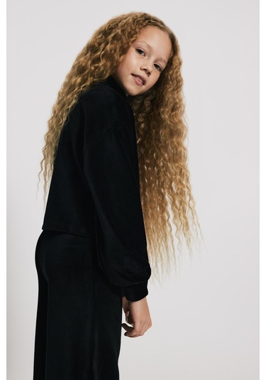 Kids Girl Dik Yaka Kadife Siyah Sweatshirt Siyah