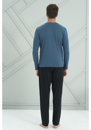 Erkek Interlok Penye Uzun Kol Pijama Takımı 2201 Petrol02 Petrol02